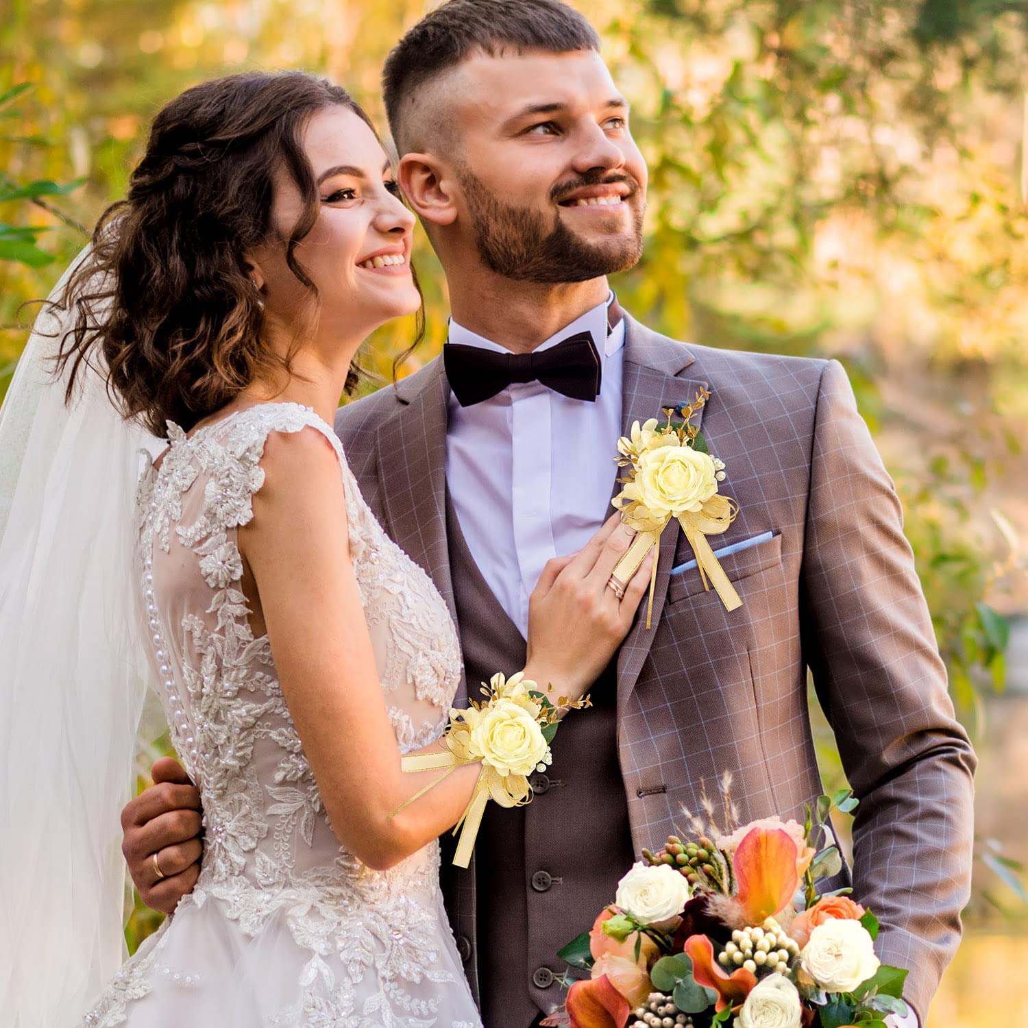 Elfenbensrose håndledskorsage håndledsarmbånd og boutonnieresæt til mænd kvinder brud brudepige bryllup gallablomster tilbehør (A-Boutonniere & håndledskorsage)