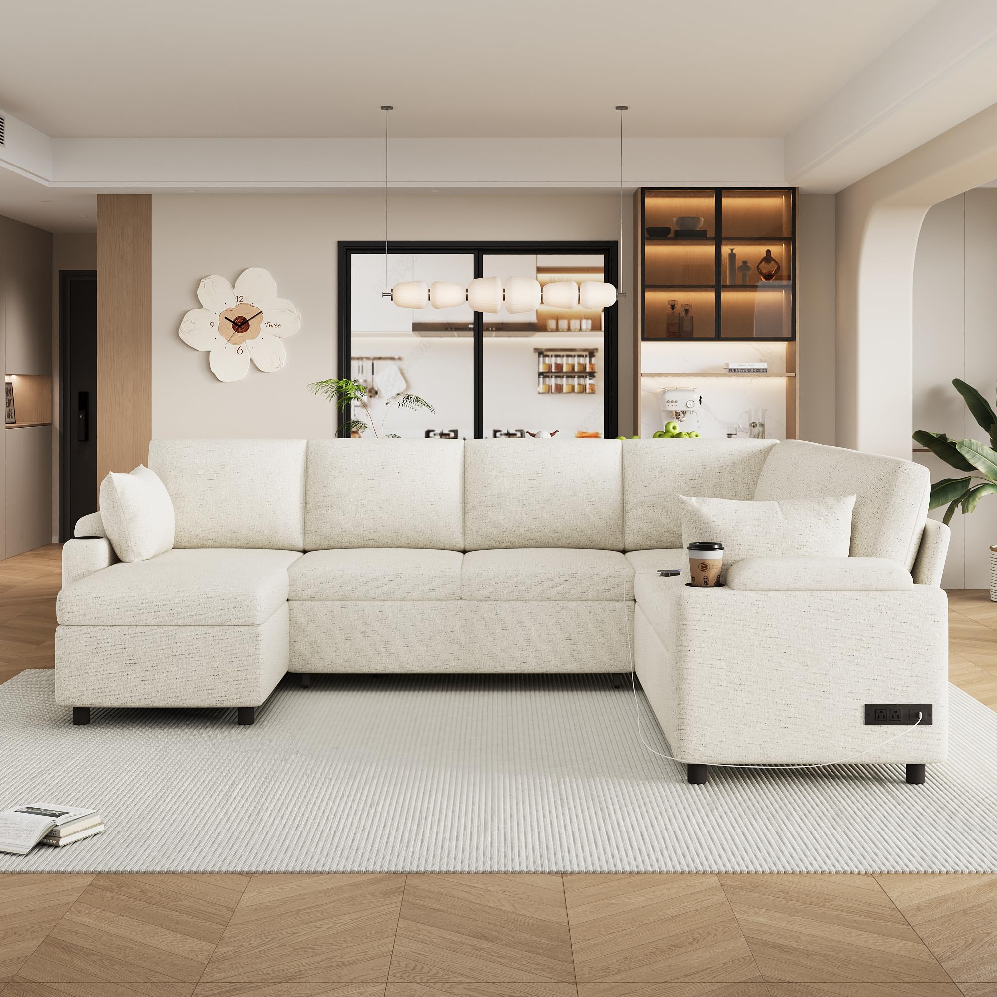 Oversized U-Shaped Sleeper Sectional Sofa Modern Fluffy Corduroy Upholstered Corner Convertible Sofabed with Pull Out Sleeper Couch Bed ,Storage Left Chaise and Pillows for Living Room Furniture Sets