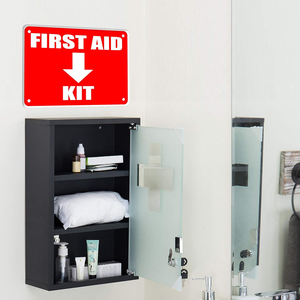 2 Pack First Aid Safety Sign For Emergency Kit, Clear Visible 7" x 10", Easy To Install, Durable Water Resistant for Indoor and Outdoor Use