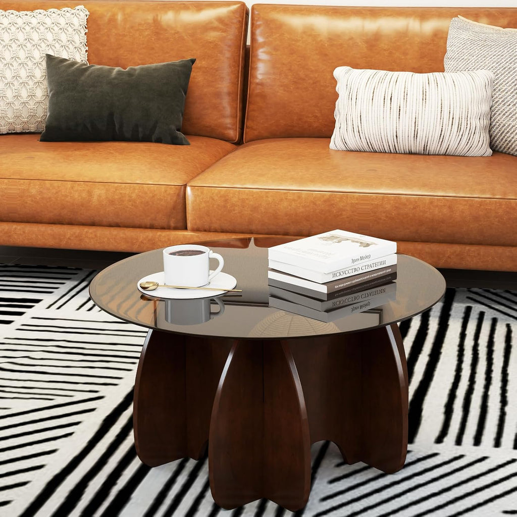 Round Glass Coffee Table Brown Glass Modern Center Tables for Living Room Small Spaces Creative Unique Accent Table Extendable Home Furniture
