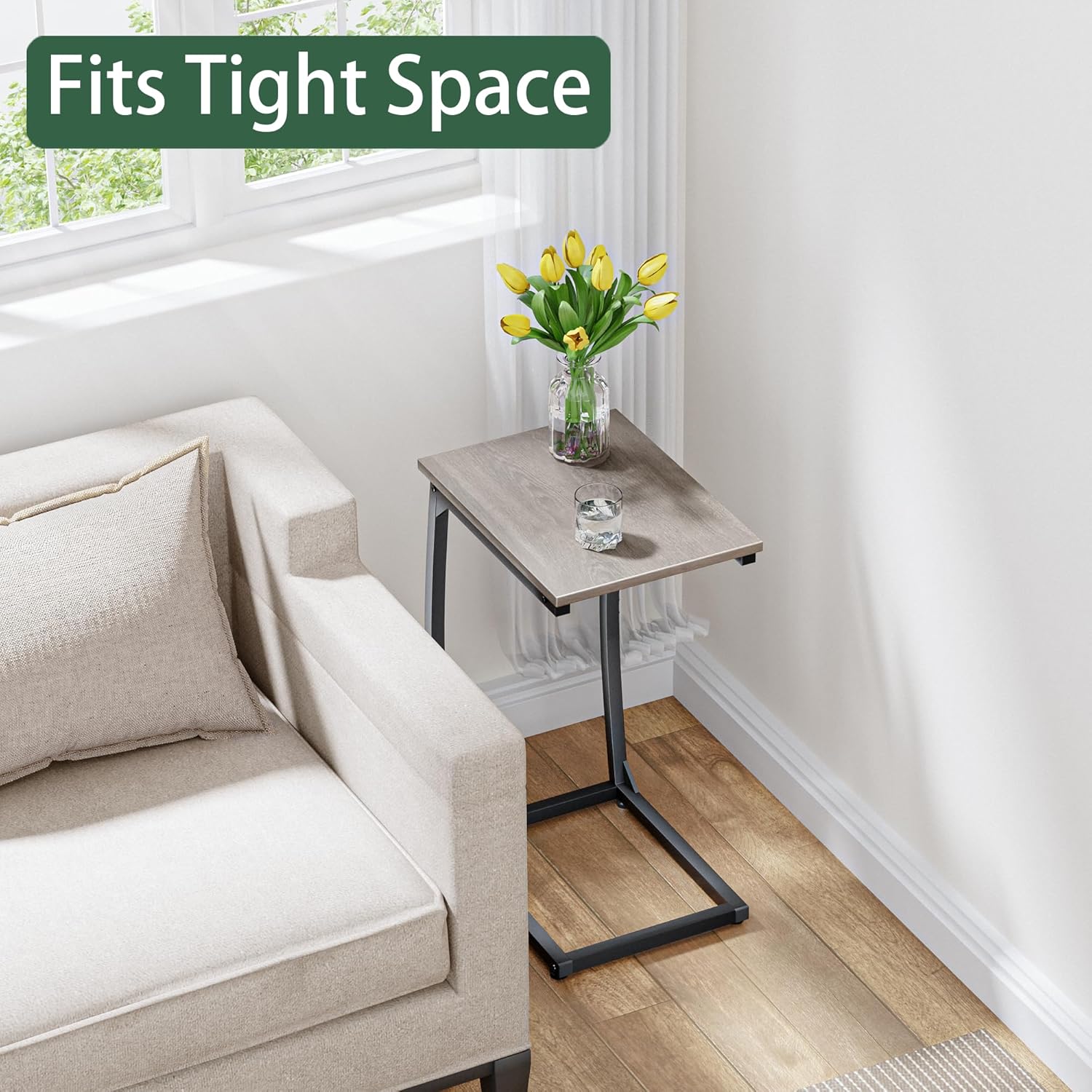 C-Shaped End-Table Set of 2 - Side Table for Couch,Curved Support Legs, Slide Under Couch Table for Sofa, TV Tray Table for Living Room Bedroom（Lvory）