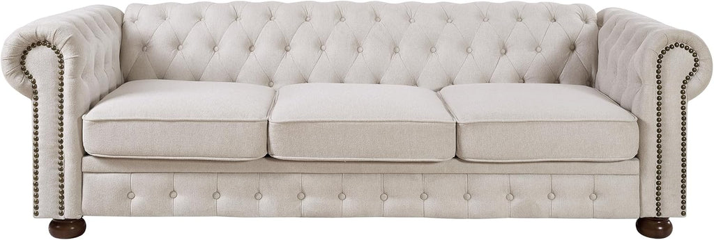 ERYE Clasic Chesterfield 3 Seaters Sofa Couch Luxury Roller Armrest,Special Soild Wood Legs, Linen Fabric Upholstered Button Tufted Sofa&Couch with Removable Cushions & Nailhead Decor
