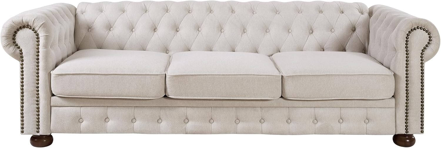 ERYE Clasic Chesterfield 3 Seaters Sofa Couch Luxury Roller Armrest,Special Soild Wood Legs, Linen Fabric Upholstered Button Tufted Sofa&Couch with Removable Cushions & Nailhead Decor