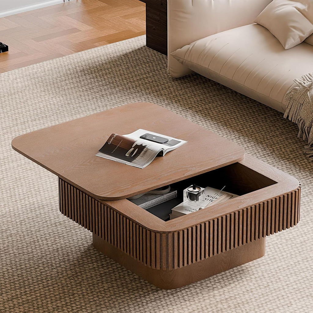 Lift Top Coffee Table with Storage for Living Room Mid Century Modern Coffee Table with Lifting Top Wood Fluted Coffee Tables with Lifts Up Tabletop for Home Apartment Office 38.6" Walnut Rectangle