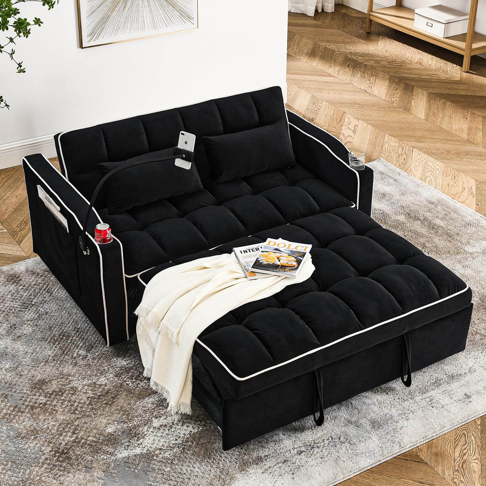 3 in 1 Sleeper Sofa Bed,Velvet Convertible Sofa Bed Pull-Out Bed Couch With Side Pockets,55'' Loveseat Sleeper Sofa with Adjustable Backrest for Living Room,Bedroom,Apartment and Small Space,Black