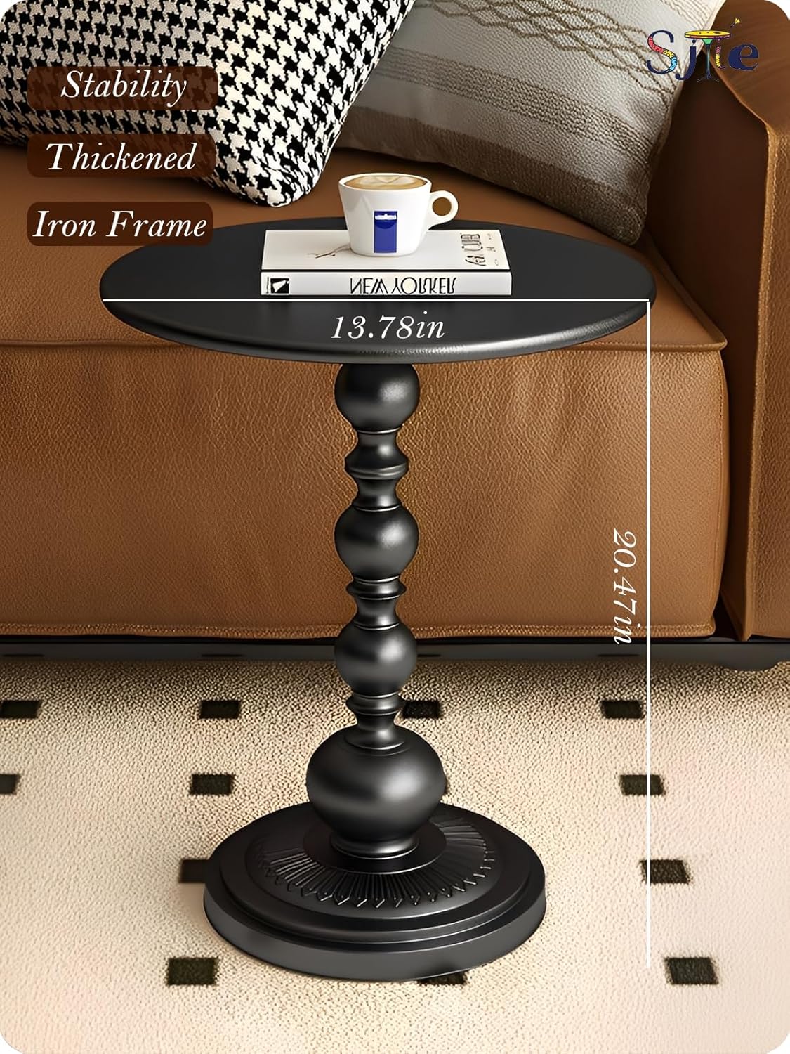 Side Table - 13.8" Round Small Accent Table with Metal Base, Multifunctional Vintage Coffee Table for Living Room, Bedroom, Office & Patio - Elegant Matte-Finished End Tables