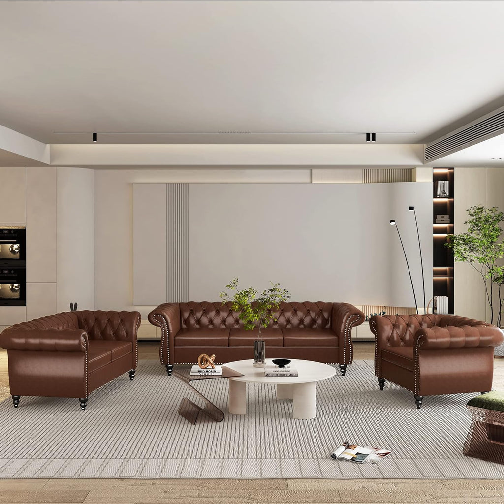 QHITTY 3 Piece Living Room Set, Sectional Chesterfield Sofa Chair Contemporary Upholstered Leather Loveseat Couch Sets for Living Room, Bedroom, Office