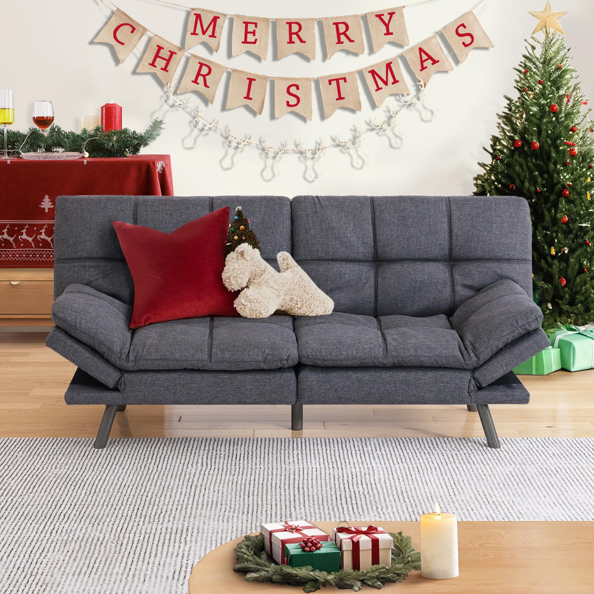 Convertible Futon Sofa Bed,71" Memory Foam Futon Couch,Detachable Cushion,Adjustable Backrest & Armrest,Linen Modern Loveseat Sleeper Recliner for Living Room,Office,Apartment,Medium Grey