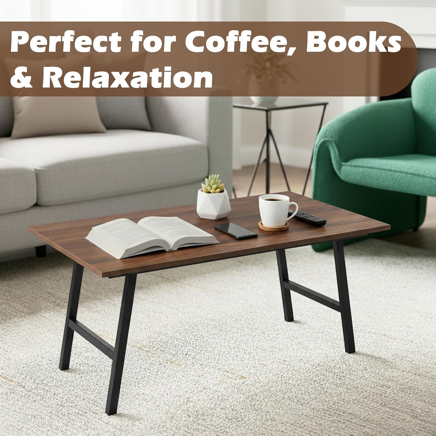 Folding Coffee Table, Portable Floor Table for Sitting on The Floor, Midcentury Modern Coffee Table, Foldable Floor Table for Living Room, 32''L x 16''W x 16.3''H, Walnut