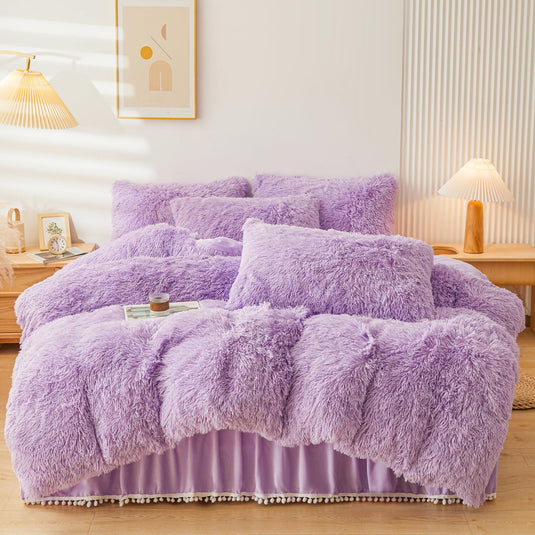 Fluffy Pink Faux Fur Comforter Cover Set，Fluffy Fuzzy Plush Pink Bedding 3Pcs (1 Faux Fur Duvet Cover +2 Fuzzy Pillowcases) Pink Fluffy Bed Set (Pink, Queen)