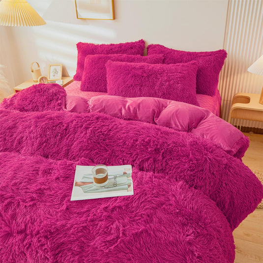 Fluffy Pink Faux Fur Comforter Cover Set，Fluffy Fuzzy Plush Pink Bedding 3Pcs (1 Faux Fur Duvet Cover +2 Fuzzy Pillowcases) Pink Fluffy Bed Set (Pink, Queen)