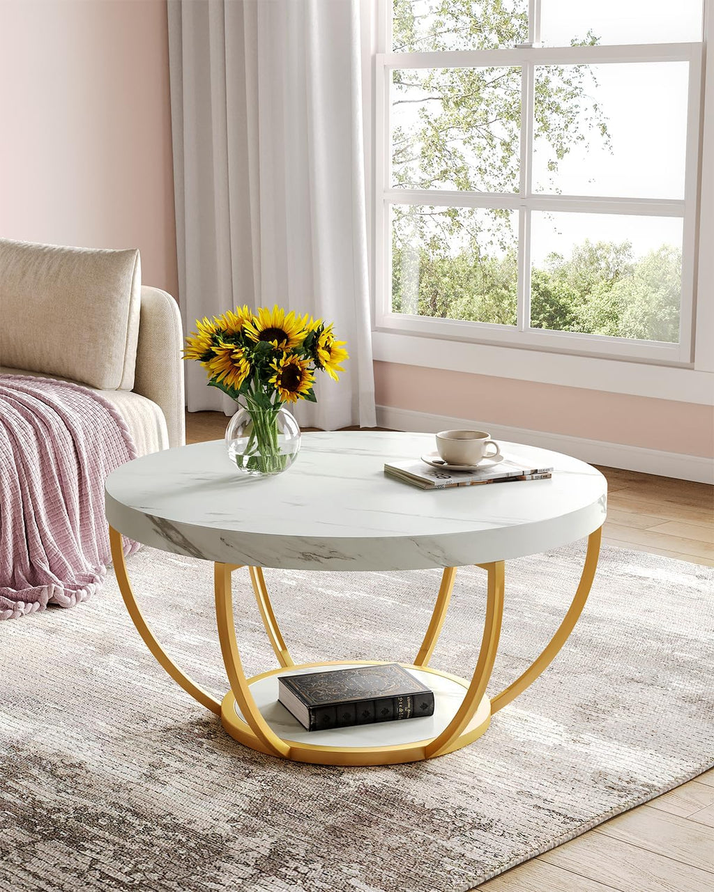 LITTLE TREE Round Coffee Table, 32" Circle Faux Marble Coffee Tables for Living Room, 2-Tier Golden Metal Legs Accent Center Table with Open Storage Modern Design Home Furniture (White and Gold)