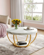 LITTLE TREE Round Coffee Table, 32" Circle Faux Marble Coffee Tables for Living Room, 2-Tier Golden Metal Legs Accent Center Table with Open Storage Modern Design Home Furniture (White and Gold)
