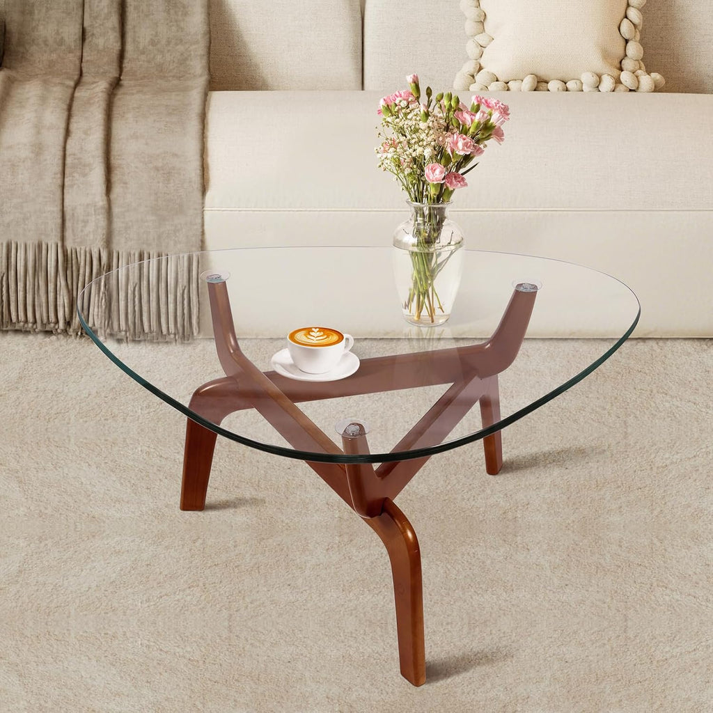 Glass Coffee Tables for Living Room, Triangle Coffee Table with Non-Tip Rubber Wood Base, Morden Tea Table with Tempered Glass Top | Perfect for Homes with Kids/Pets, Office, Apartment (Brown)