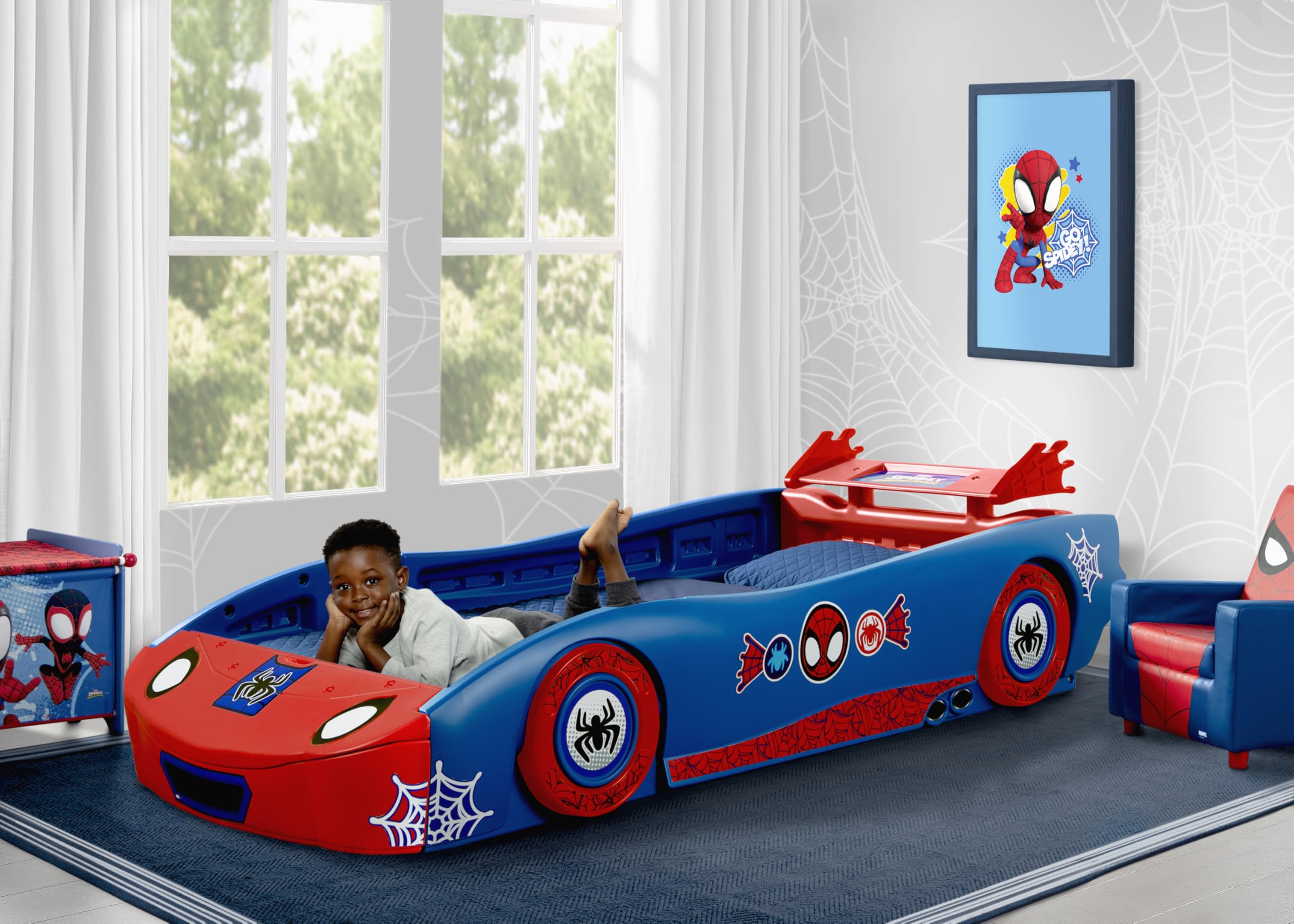 Delta Children Spidey and His Amazing Friends Web Crawler Race Car Twin Bed, Blue/Red