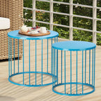 LEWIS&WAYNE Outdoor Side Table Set of 2, Metal Circle Accent End Tables for Balcony Backyard Garden Indoor Living Room, Durable Blue Nesting Coffee Tables, 20”+16” Dia