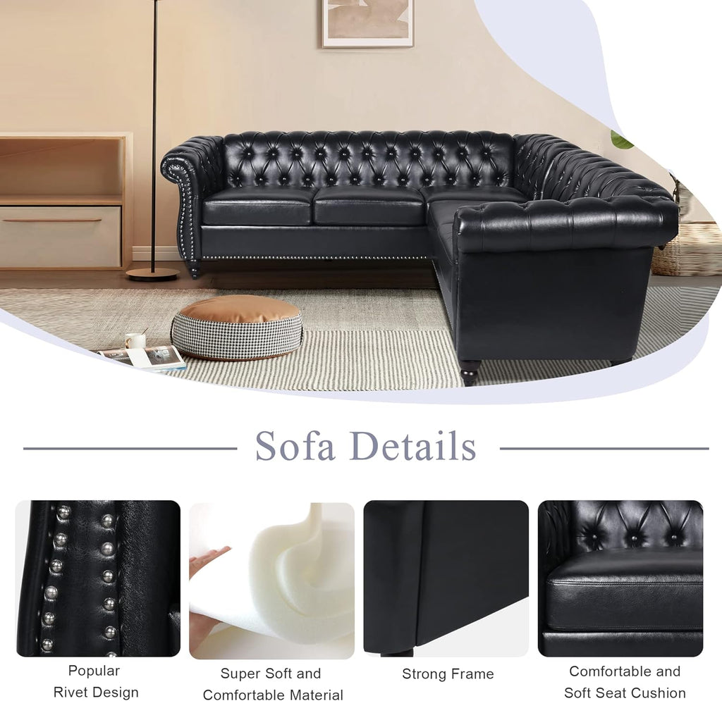 L Shaped Small Sectional Sofa, Chesterfield Leather Couch Tufted Accent Sofa with Scroll Arms and Nailhead for Living Room, Office