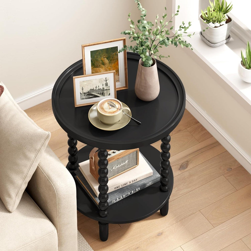 Gadroad Round End Table with Storage Shelf, 2 Tier Couch Side Table, Wood Coffee Table for Living Room, Bedroom, Black 19.3 * 19.3 * 25.6 inches