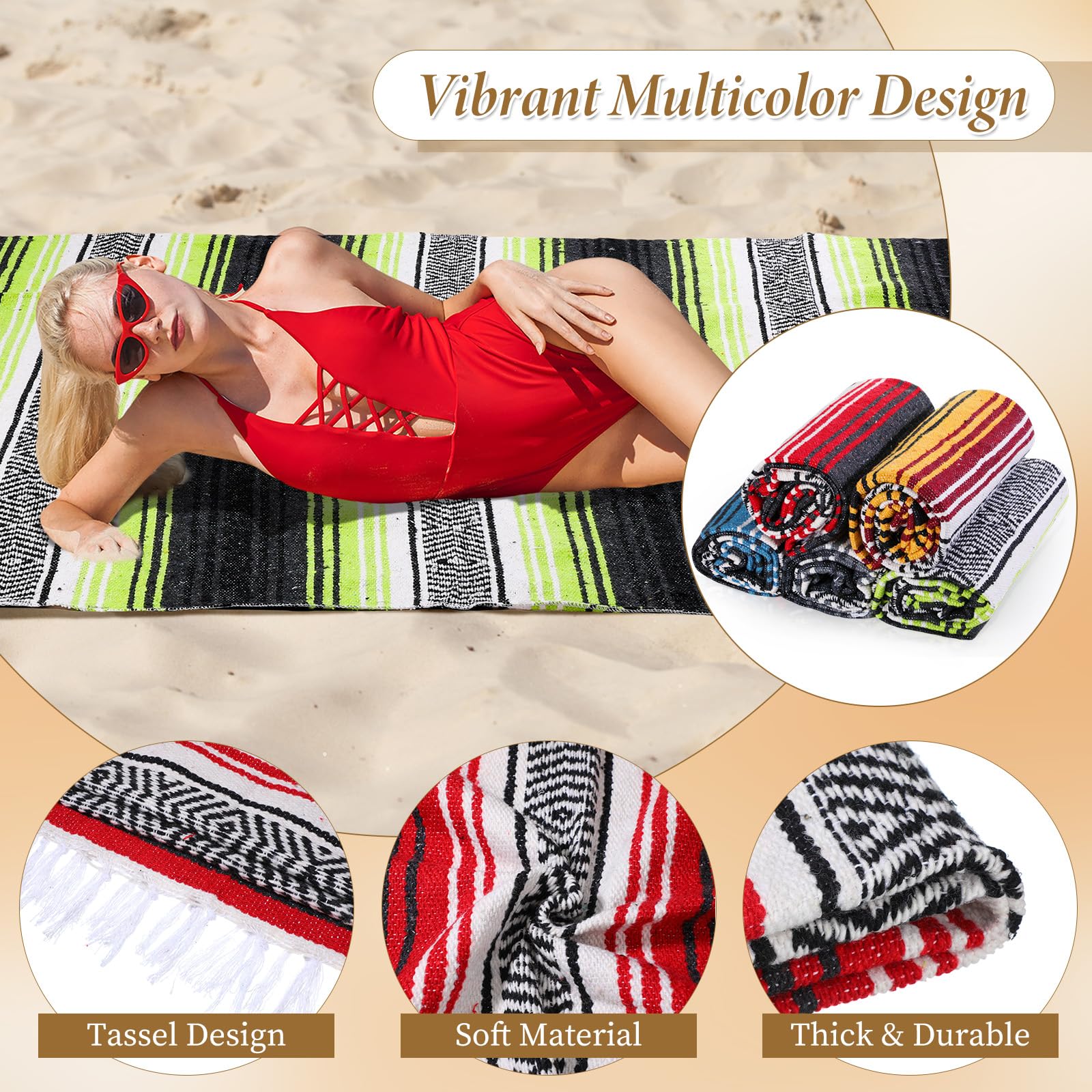 Preboun 10 Stück Mexikanische Decke im Großpack, authentisch gewebte Yoga-Decke, große Picknick- und Campingdecke, bunter gestreifter Serape für Strand, Outdoor, Gras, Auto, Zuhause (gemischte Farben)