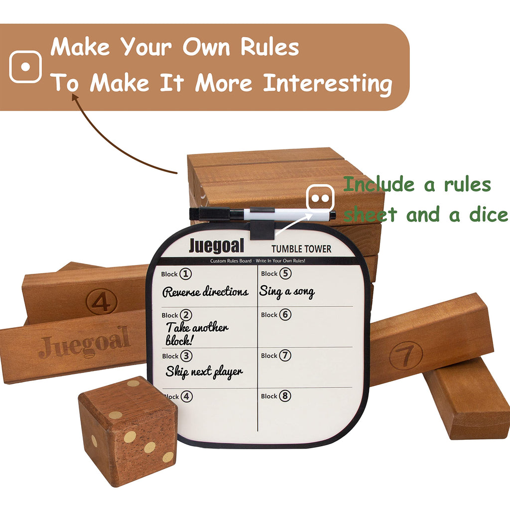 Juegoal 54 Peças Jogo de Torre de Blocos Gigante Jogo Gigante de Empilhar de Madeira com 1 Conjunto de Dados, Tabuleiro, Bolsa de Lona para Adultos, Crianças, Família, Marrom