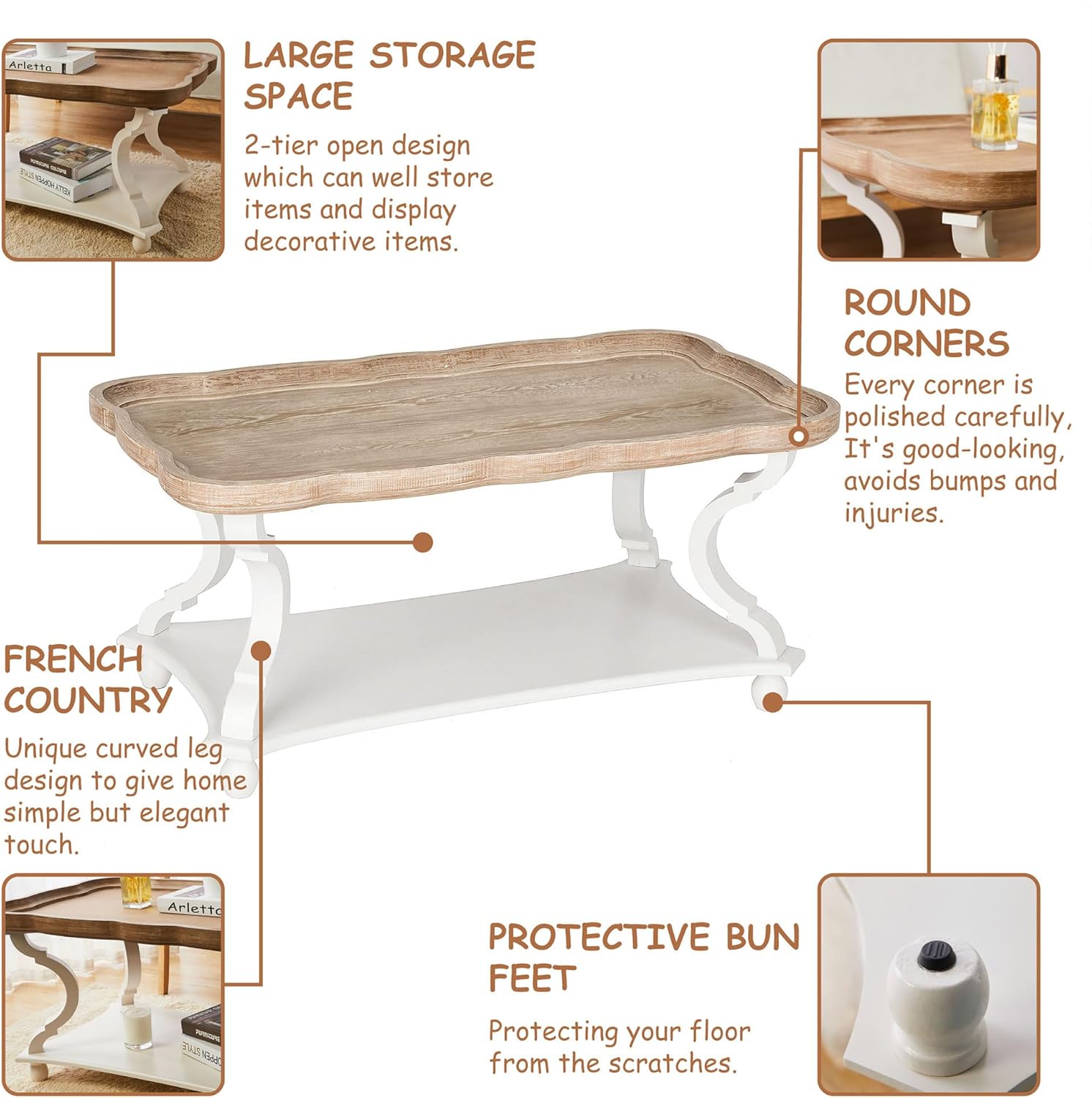 COZAYH Rustic Farmhouse Cottagecore Coffee Table, Natural Tray Top Sofa Table for Family, Dinning or Living Room, Small Spaces, Handcrafted Finish, Modern