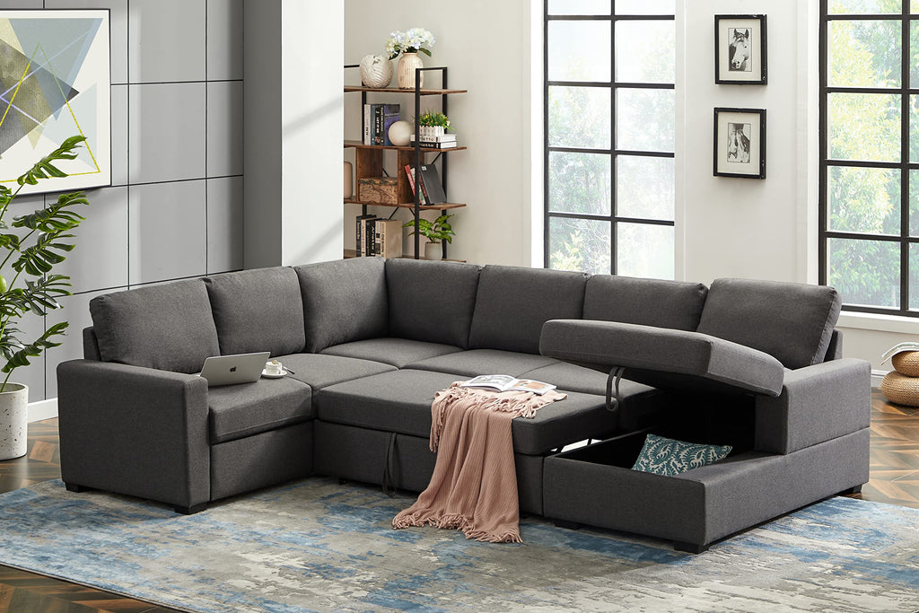 Oversized U-Shaped Sleeper Sectional Sofa Modern Fluffy Corduroy Upholstered Corner Convertible Sofabed with Pull Out Sleeper Couch Bed ,Storage Left Chaise and Pillows for Living Room Furniture Sets