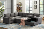 Oversized U-Shaped Sleeper Sectional Sofa Modern Fluffy Corduroy Upholstered Corner Convertible Sofabed with Pull Out Sleeper Couch Bed ,Storage Left Chaise and Pillows for Living Room Furniture Sets