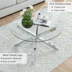 Round Glass Coffee Tables for Living Room, Home Office, Modern & Simple Center Table with Clear Tempered Glass Top, 35.5" Wx19.7 H Silver