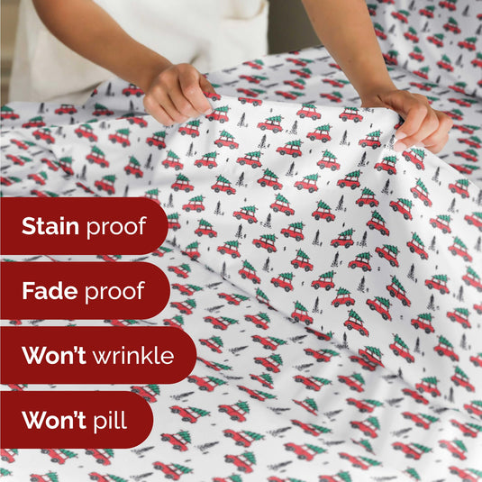 King Christmas Tree Sheet Set - Holiday Xmas Pattern Linen Set - Deep Pockets - Snug Fit - 4 Piece - Wrinkle Free - Comfy & Cooling Festive Winter Bedding - Easy To Care For - Kid Friendly