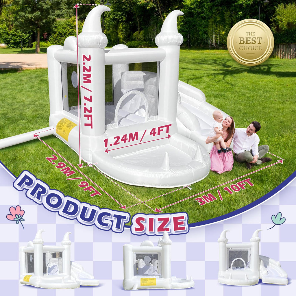 White Bounce House with Pool and Slide, UL Blower Included-Portable, Inflatable Bounce House, Basket-Hoop Inside, Kids Indoor and Outdoor Bounce House (Oxford material-10' L X 9.5' W X 7.2' H)