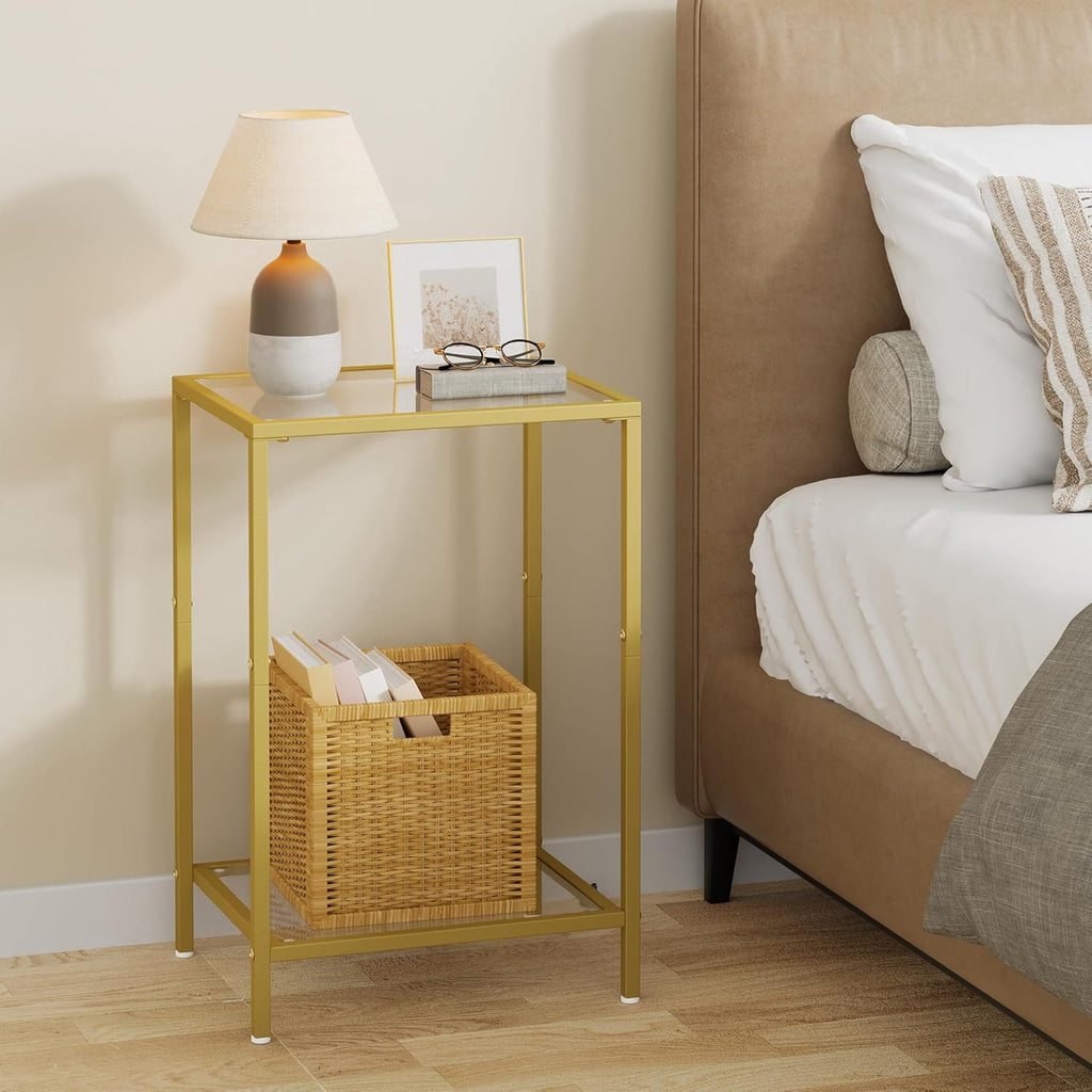 Side Tables Set of 2, End Tables with Tempered Glass, 2-Tier Nightstands with Storage Shelves, Coffee Table with Modern Style, Slim Sofa Table for Living Room, Bedroom, 11.8" D x 15" W, Golden