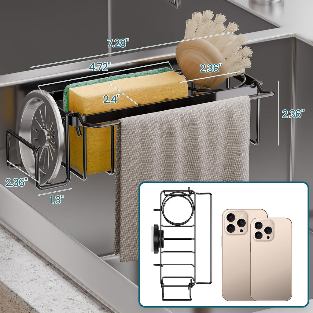 TAILI Sponge Holder with Strong Suction Cup, 4-in-1 Rustproof Sink Organizer - Sink Caddy Holds Sponges, Brushes, Stoppers & Scrapers -Black