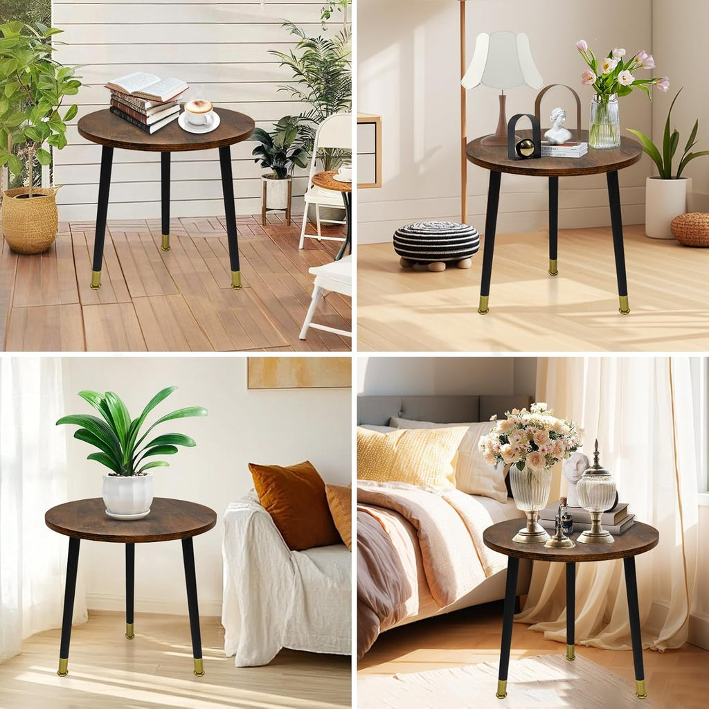Round Side Table for Small Spaces-16inch Brown Wood Top & Black Metal Tri-Leg Accent Table, Rustic Modern Nightstand End Table for Bedroom, Living Room, Balcony - Easy Assembly Farmhouse Decor