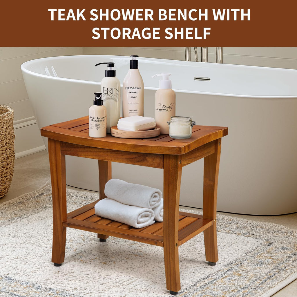 TEAKMAMA 20" Teak Shower Bench Waterproof Wooden Chair for Inside Use, Teak Shower Stool with Shelf for Bathroom, Durable Bath Bench for Elderly, Assembly Required