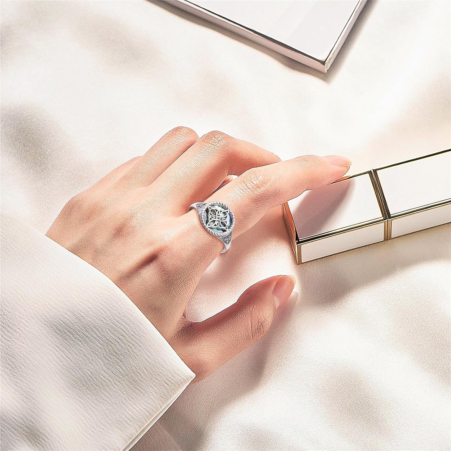 Witches Knot Ring for Women 925 Sterling Silver Abalone Shell Celtic Knot Rings Protection Irish Jewelry for Women