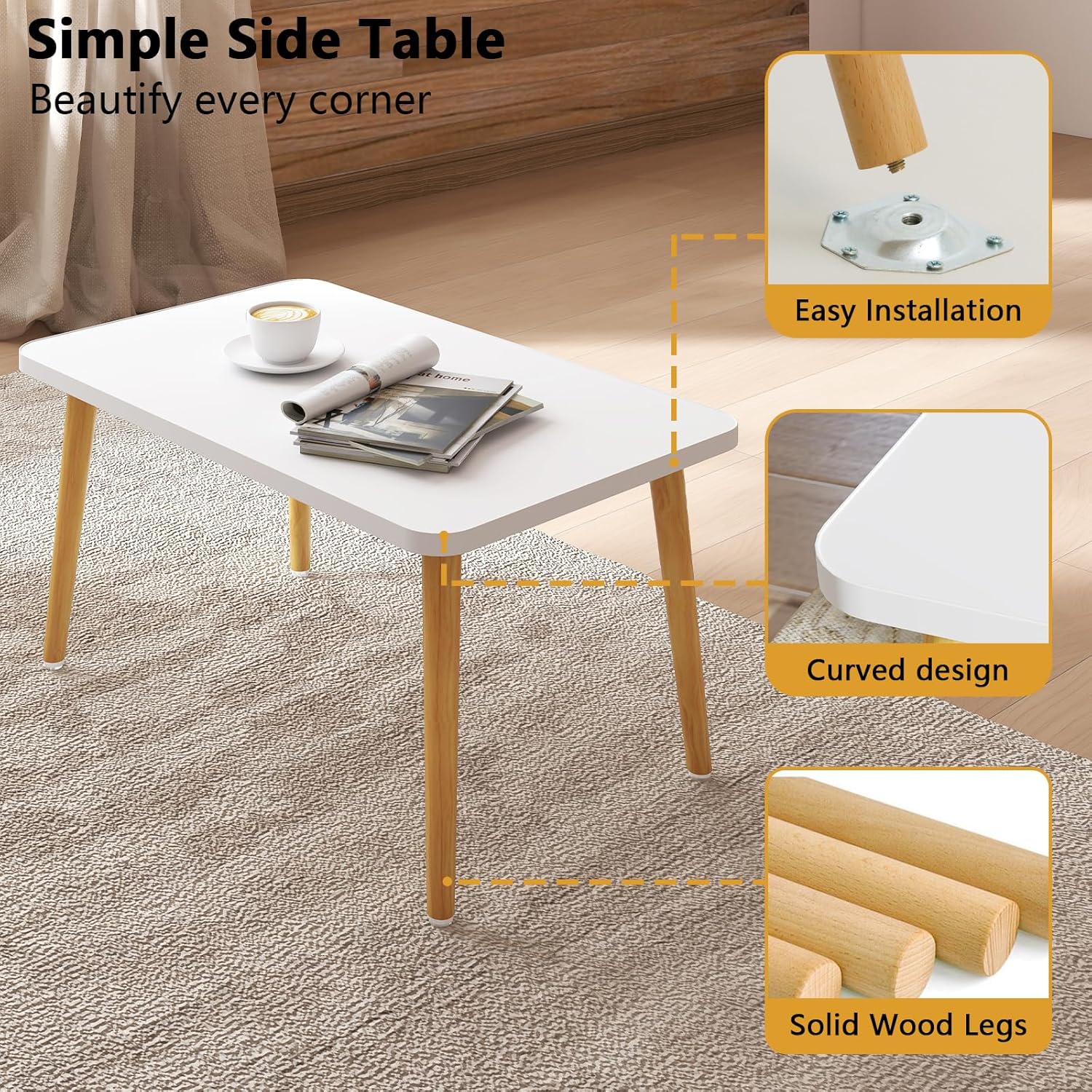 Square Coffee Table Low Table with 4 Solid Wood Sturdy Legs, Floor Table Desk for Sitting on The Floor, Storage and Living Room Furniture (White)