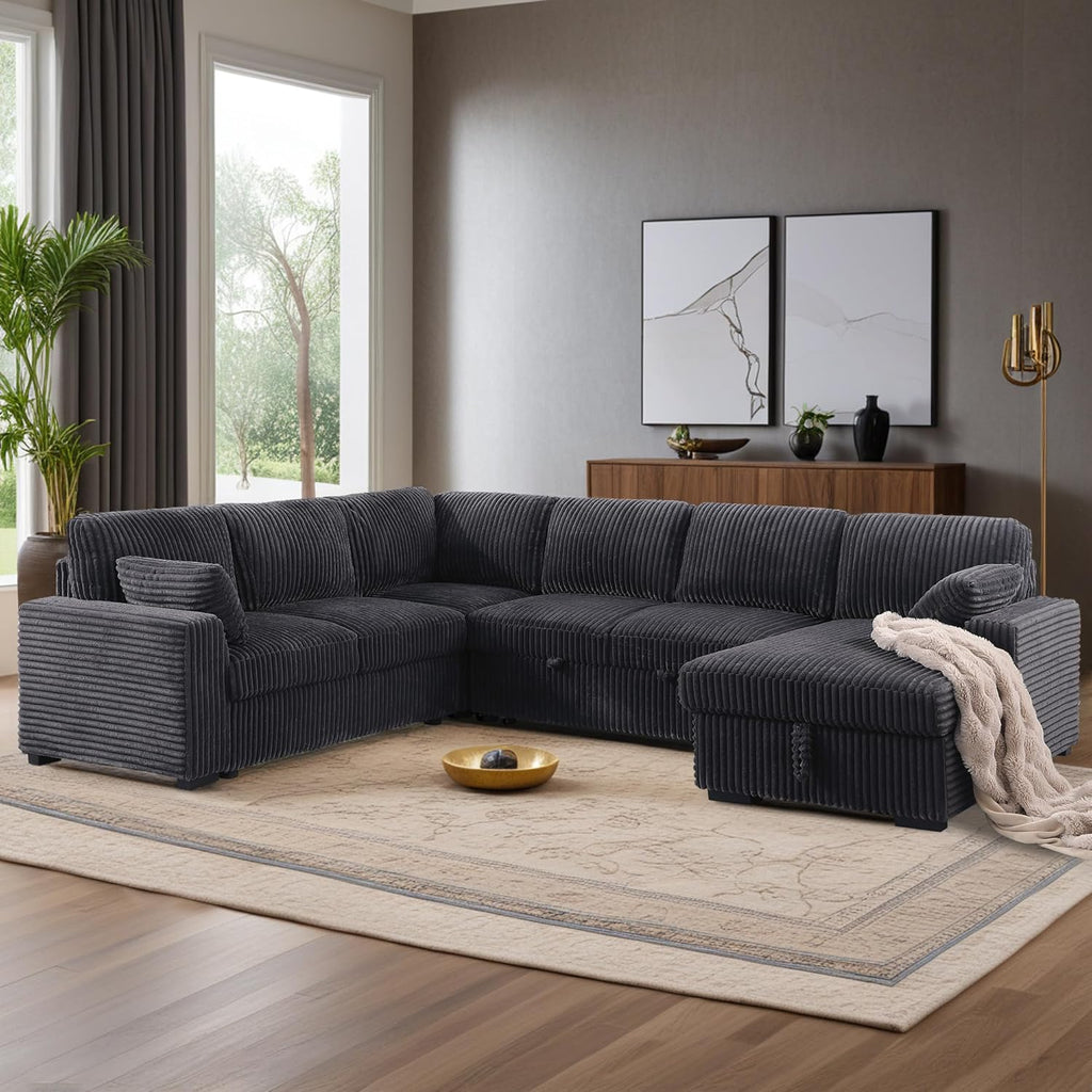 Oversized U-Shaped Sleeper Sectional Sofa Modern Fluffy Corduroy Upholstered Corner Convertible Sofabed with Pull Out Sleeper Couch Bed ,Storage Left Chaise and Pillows for Living Room Furniture Sets
