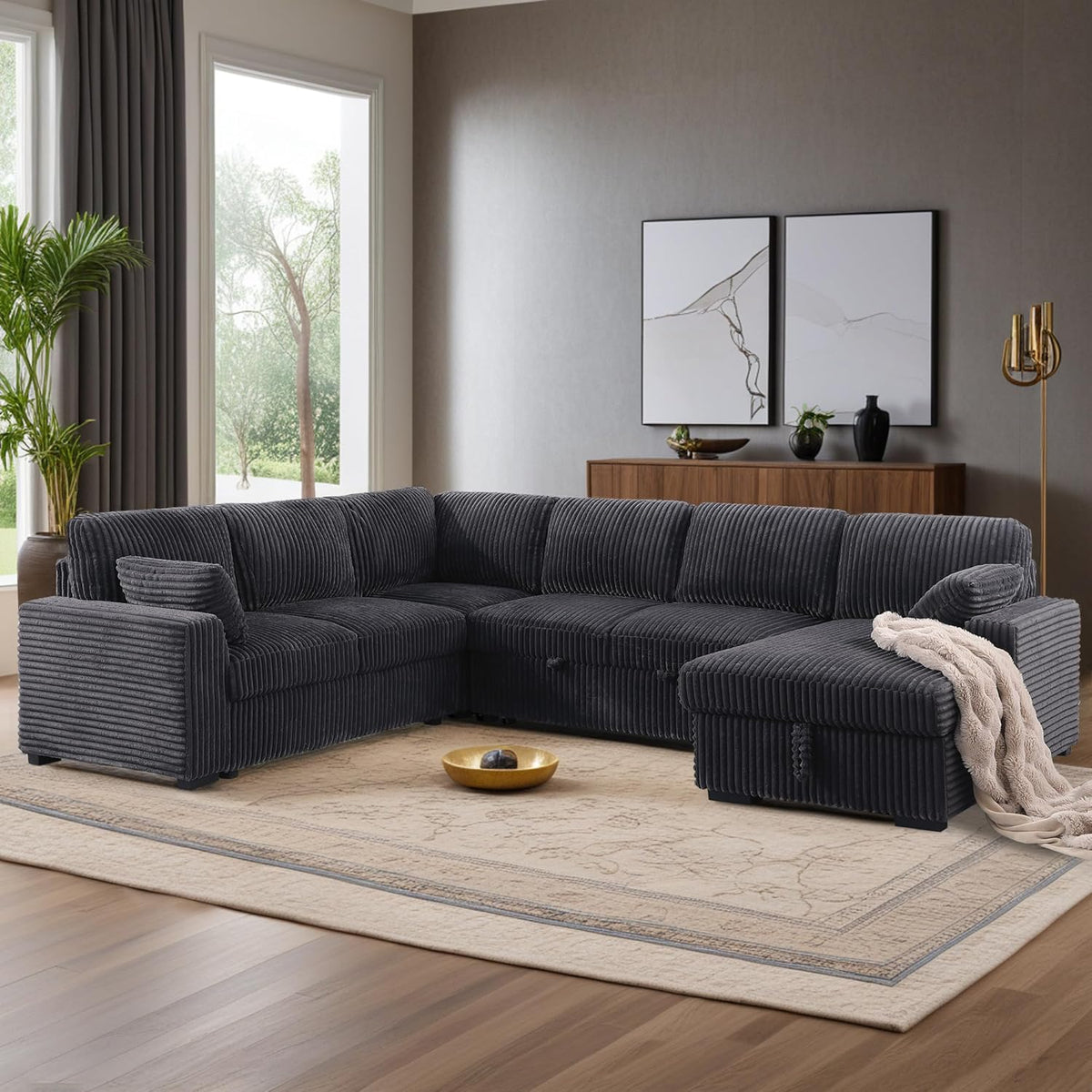 Oversized U-Shaped Sleeper Sectional Sofa Modern Fluffy Corduroy Upholstered Corner Convertible Sofabed with Pull Out Sleeper Couch Bed ,Storage Left Chaise and Pillows for Living Room Furniture Sets