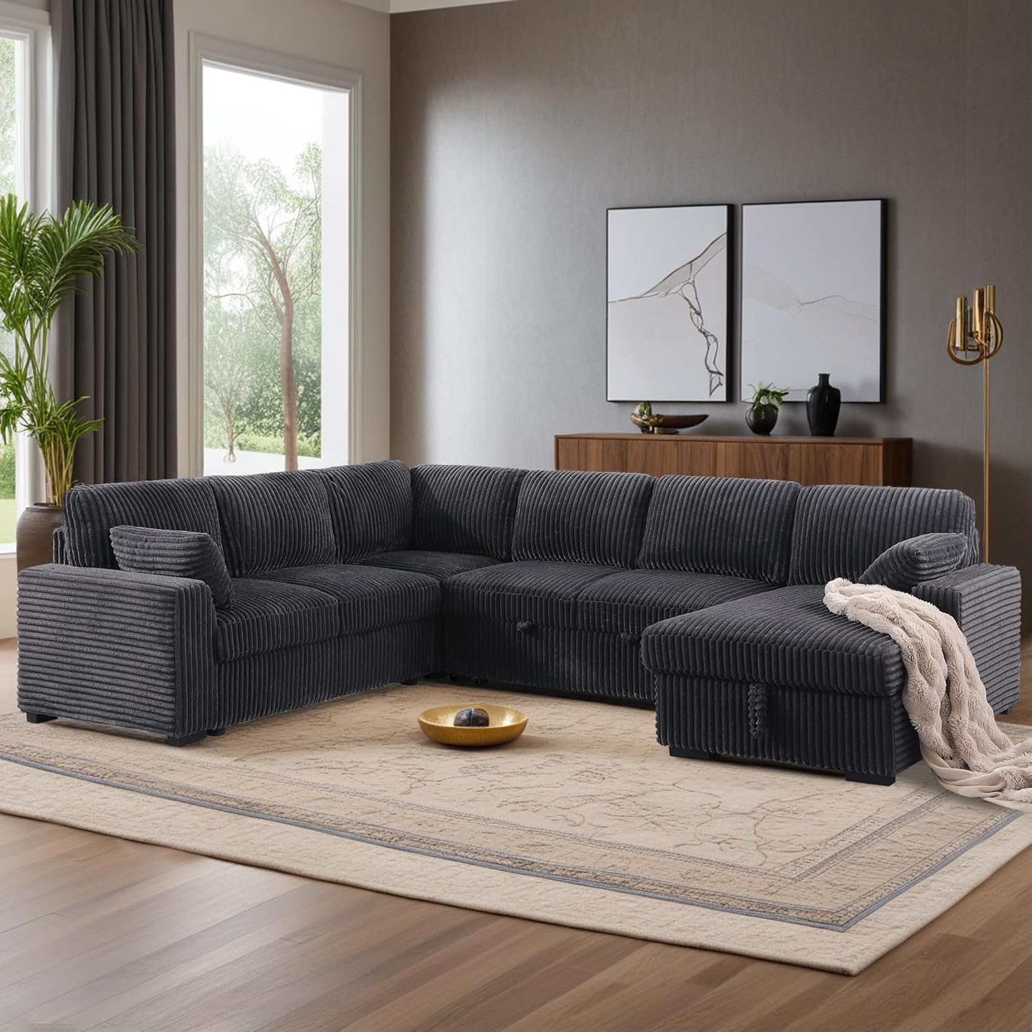 Oversized U-Shaped Sleeper Sectional Sofa Modern Fluffy Corduroy Upholstered Corner Convertible Sofabed with Pull Out Sleeper Couch Bed ,Storage Left Chaise and Pillows for Living Room Furniture Sets