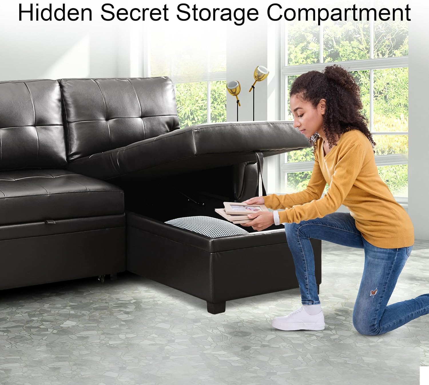 Naomi Home Transform Any Space: Sleeper Sectional Sofa with Convertible Sofa Bed & Inviting Chaise. Find Tranquil Comfort with Stress-Relieving Design & Durable Cushions - Black/Air Leather