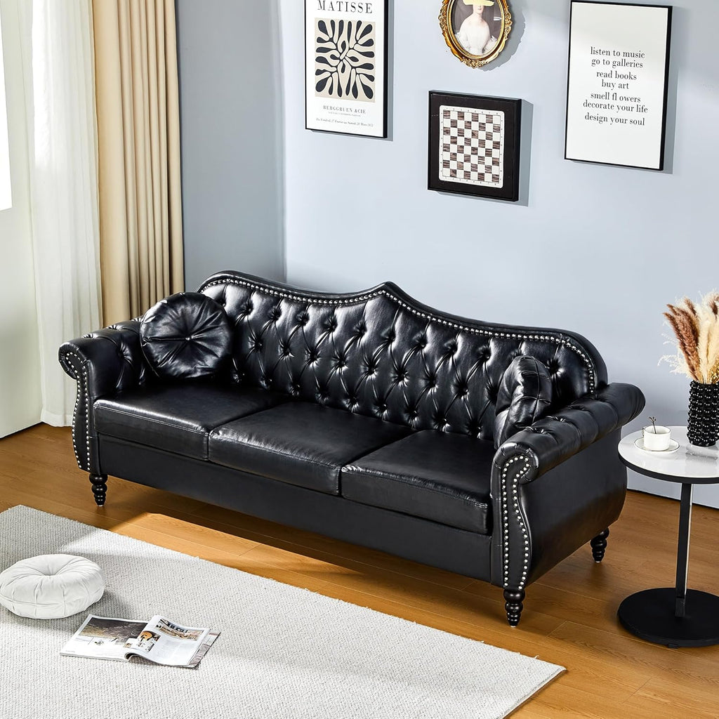 AVZEAR 82" Three Seater Leather Sofa, Chesterfield Sofa, Mid-Century Modern PU Upholstered Sofa Couch, Deep Button Tufted Living Room Sofa with Two Throw Pillows, Black