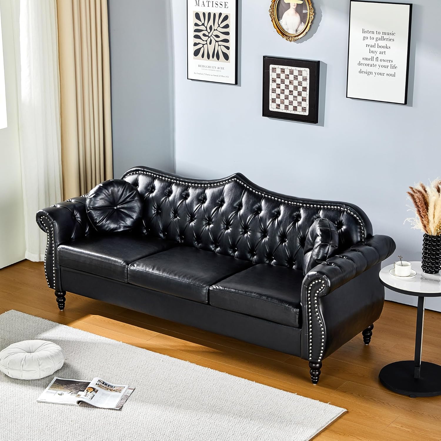 AVZEAR 82" Three Seater Leather Sofa, Chesterfield Sofa, Mid-Century Modern PU Upholstered Sofa Couch, Deep Button Tufted Living Room Sofa with Two Throw Pillows, Black
