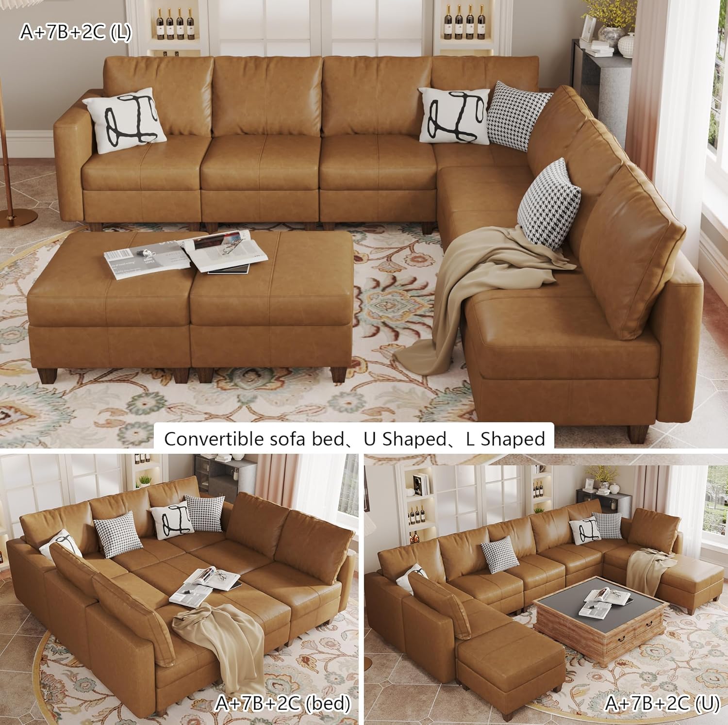 EASE MOOSE Brown Modular Sectional Couch with Storage, Faux Leather Sectional Modular Sofa or Living Room