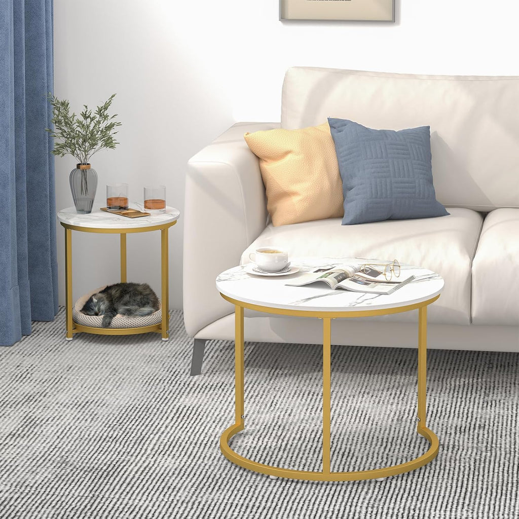 Nesting Coffee Table Set of 2,23.6" Modern Round Coffee Table with Gold Metal Frame,White Nesting Circle Patio Coffee Table Set of 2 for Living Room Garden Bedroom (White)