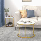 Nesting Coffee Table Set of 2,23.6" Modern Round Coffee Table with Gold Metal Frame,White Nesting Circle Patio Coffee Table Set of 2 for Living Room Garden Bedroom (White)