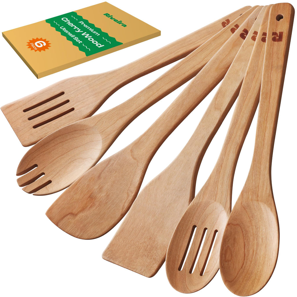 Riveira Dark Bamboo Wooden Spoons for Cooking 3-Piece, Apartment Essentials Wood Spatula Spoon Nonstick Kitchen Utensil Set Premium Quality Housewarming Gifts for Everyday Use