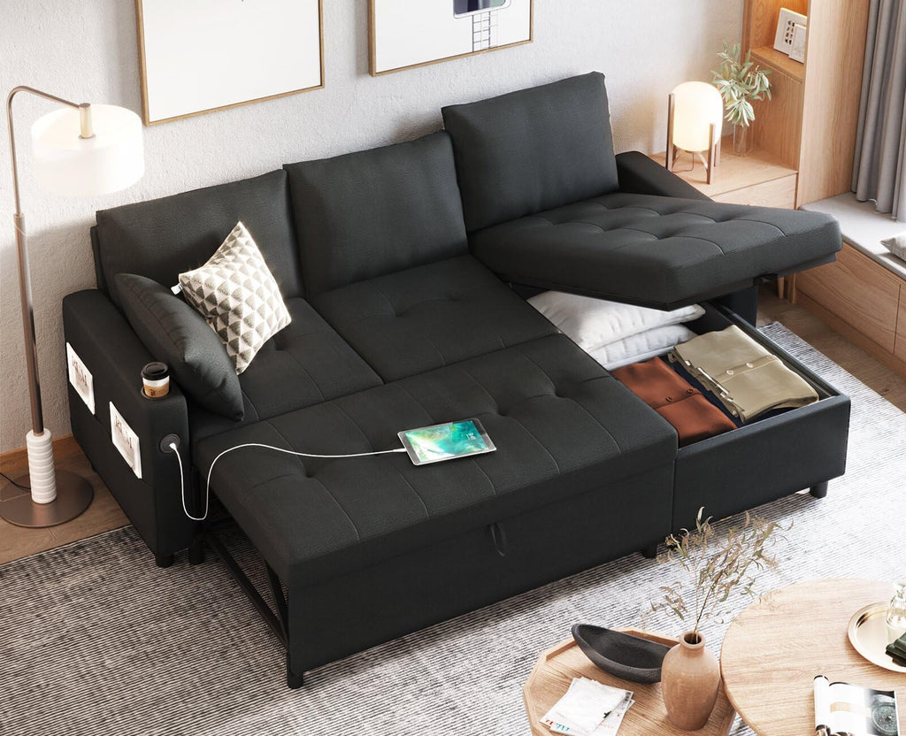 Leather Sleeper Sofa Couch with Pullout Bed, 83.5'' Sofa Bed Pull Out Couch with Reversible Storage Chaise, Sectional Couches with USB Charging Ports&Cup Holders for Living Room, Brown