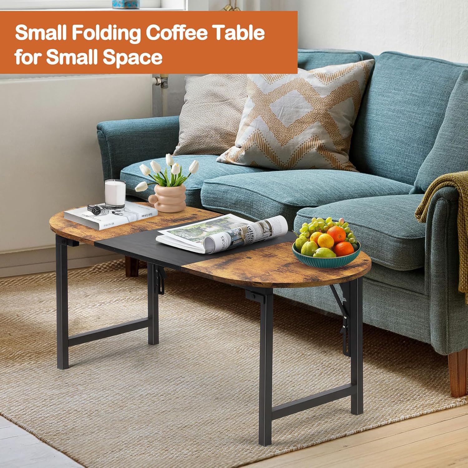 Shinoske Folding Coffee Tables for Small Spaces,35.4" Small Coffee Tables for Living Room,Dorm,Apartment,Space Saving,Rustic Oval Cocktail Tea Table,Easy to Fold,Brown and Black