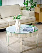 Round Mirrored Coffee Table: 31.5 inches Large Decorative Bling Crushed Diamond Tabletop with Silver Mirror Crystal Edge Frame and Legs Luxury Modern Home Decor for Livingroom