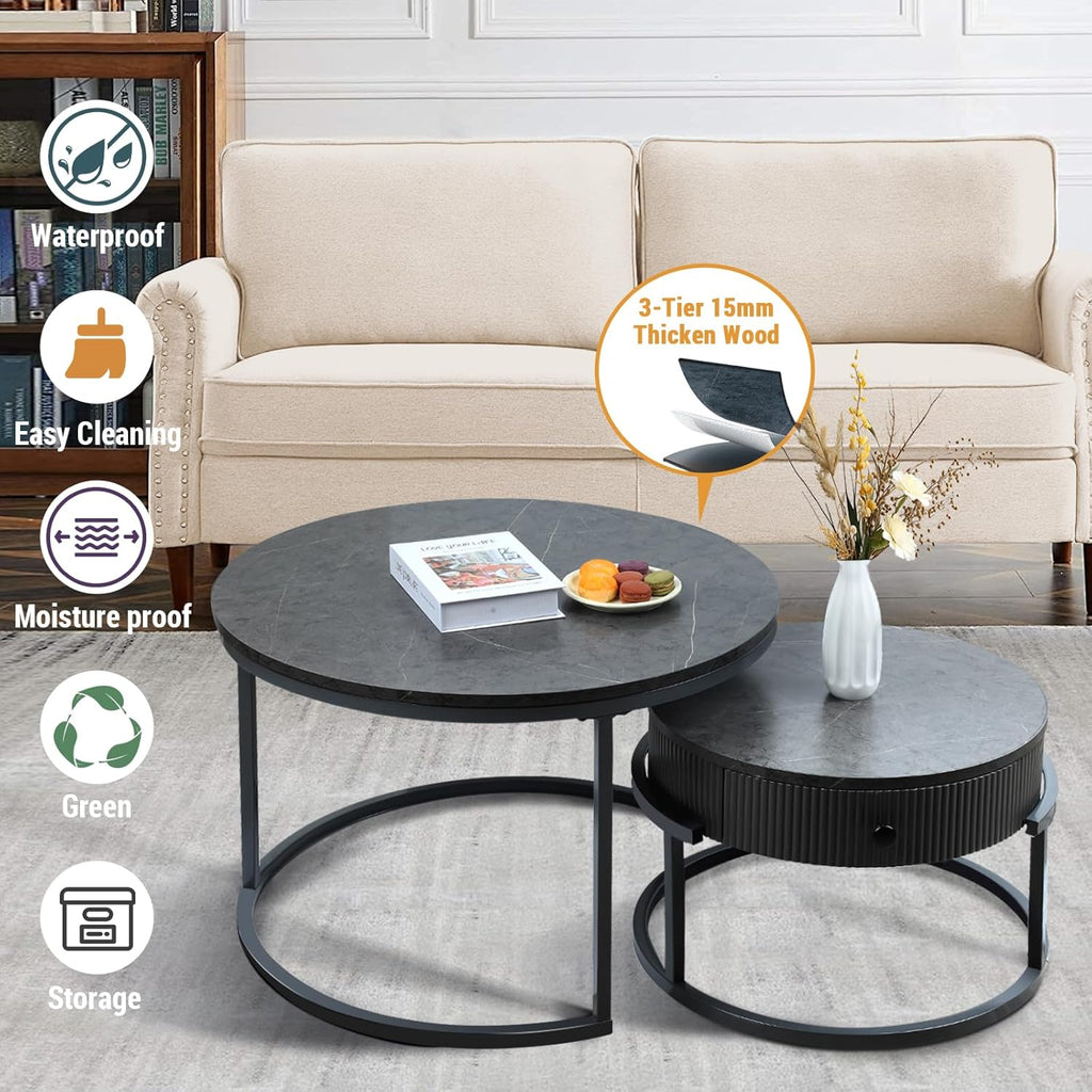 Round Nesting Coffee Tables Set: Gray Marble End Tables Set of 2 - Modern Metal Stacking Side Tables for Living Room Small Spaces